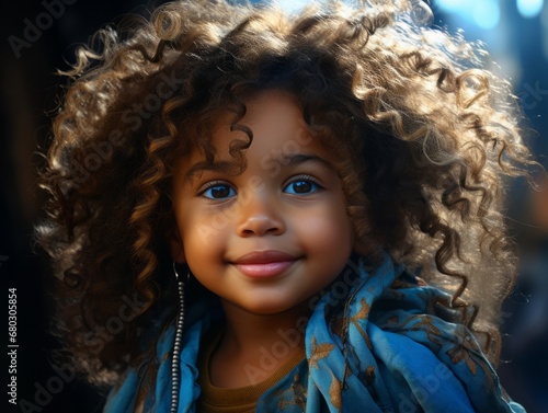 a smiling afrohaired toddler girl in black photo