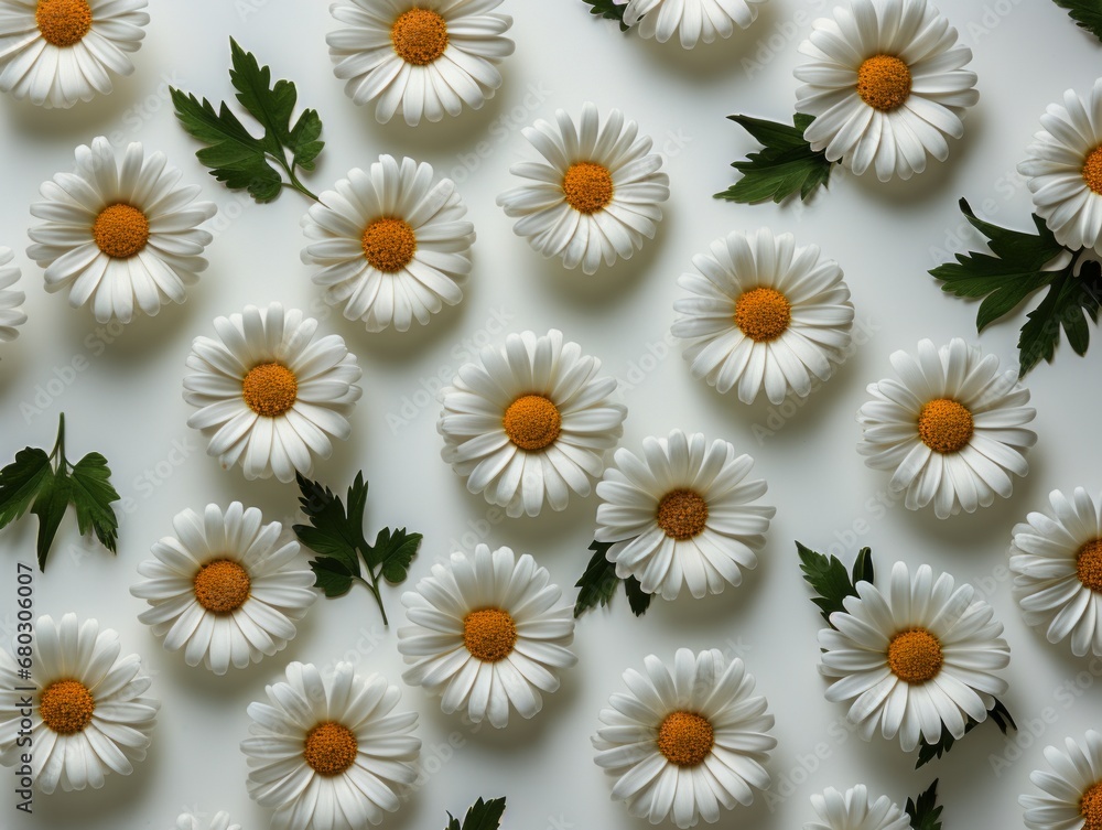 White daisies with green leaves on white background