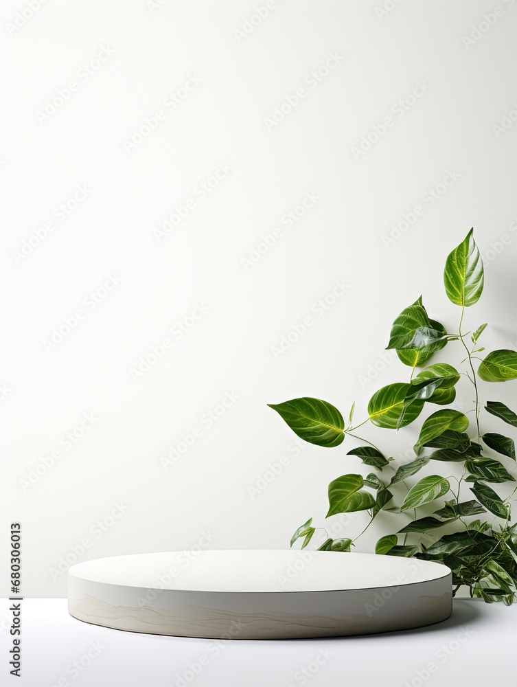 Product display podium with nature leaves on white background, empty podium, copy space, generative ai Product display podium with nature leaves on white background, empty podium, copy space, generative ai