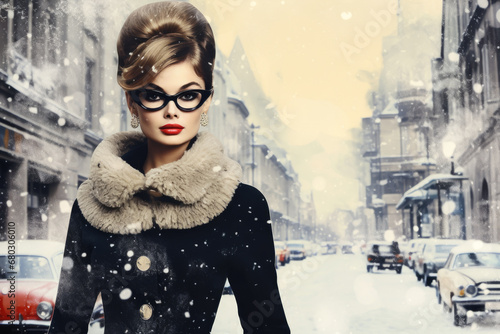 Trendy brunette wearing 60s hairstyle and retro style coat with fur collar. Fashion woman in snowy winter cityscape background photo