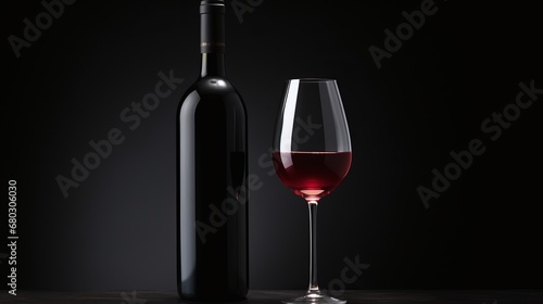 Bottle of red wine and glass on black background. Mock up