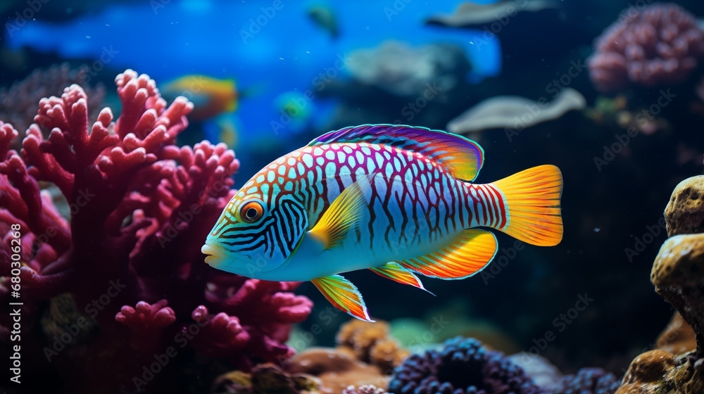 A close-up of a colorful tropical fish swimming in a coral reef - obrazy, fototapety, plakaty 