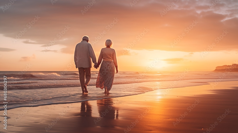 An elderly couple holding hands and strolling along the beach at sunset