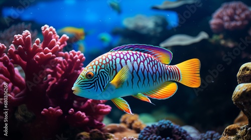 A close-up of a colorful tropical fish swimming in a coral reef