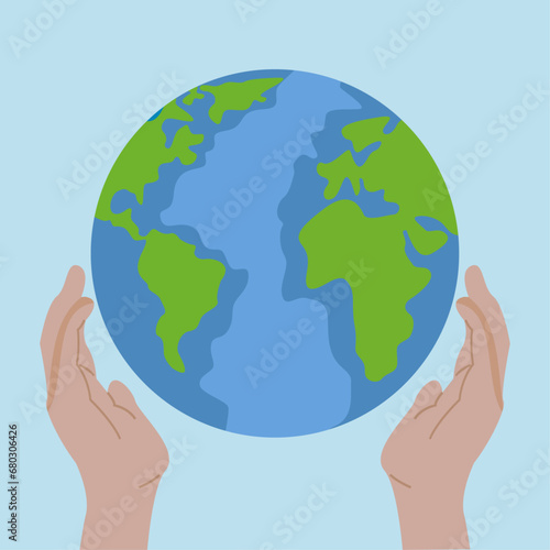 Vector of two hands holding a planet  Happy Earth day  editable text.