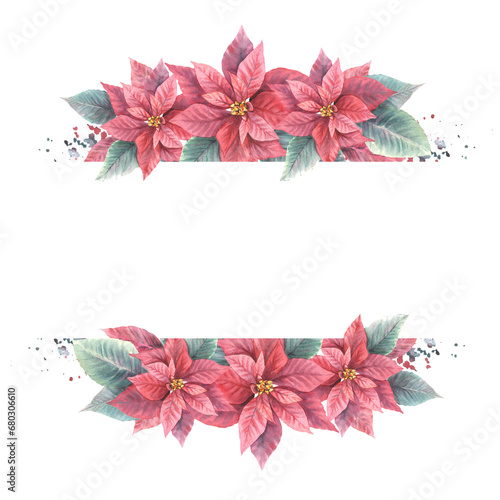 Watercolor painted banner, frame of red Poinsettia, Pulcherrima flowers and leaves. Traditional plant for Christmas or New Year card, winter holiday celebrate invitation. Isolated white background.