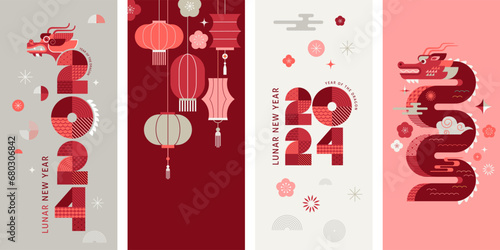 Lunar new year background, banners, story templates, Chinese New Year 2024 , Year of the Dragon. Geometric modern style