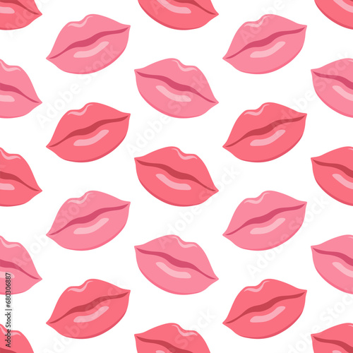 Vector seamless pattern with pink lips isolated on white background. Romantic design for Valentine s Day.