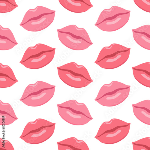 Vector seamless pattern with pink lips isolated on white background. Romantic design for Valentine's Day.