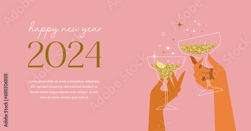 Happy New Year, poster, banner and card design with festive cocktails