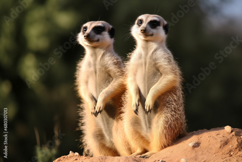 Two meerkats standing on a mound, attentively watching their surroundings.