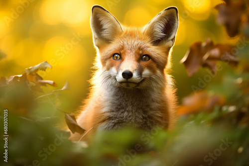 Alert red fox in the wild with a warm, golden autumnal background.