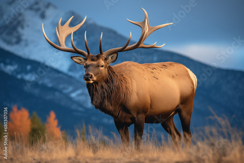Solitary bull elk with impressive antlers standing in an autumnal grassland with mountain backdrop at twilight. © InputUX