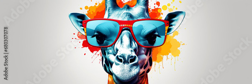 Giraffe with red sunglasses and colorful splashes on white background. Cartoon colorful giraffe with sunglasses .