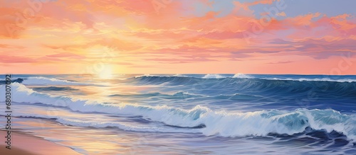 As the sun sets over the beach  painting the sky with vibrant hues of orange and pink  the waves crash against the shore  reflecting the beauty of the summer season in the glistening water.