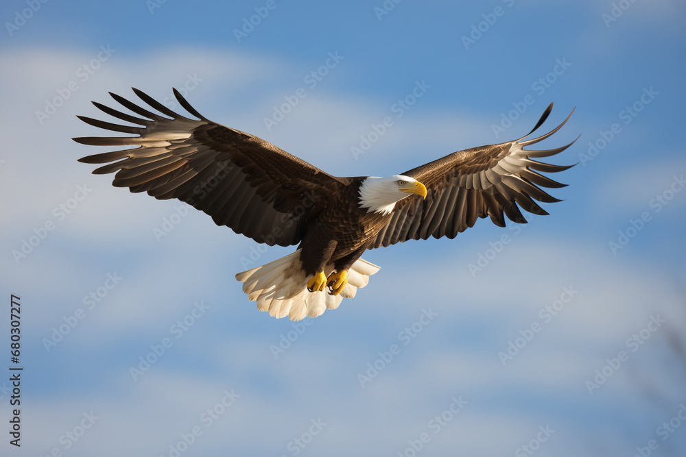 Majestic bald eagle in flight against a backdrop of scattered clouds and blue sky. Majestic bald eagle in flight against a backdrop of scattered clouds and blue sky.