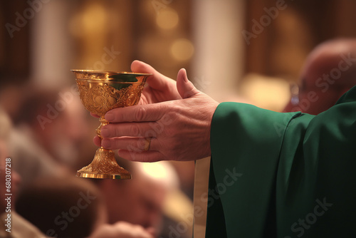 Close-up of hands holding a communion chalice Eucharist, with a religious Catholic vestment in the background. photo