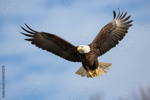 Majestic bald eagle in flight against a backdrop of scattered clouds and blue sky.