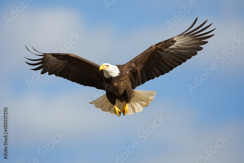 Majestic bald eagle in flight against a backdrop of scattered clouds and blue sky.
