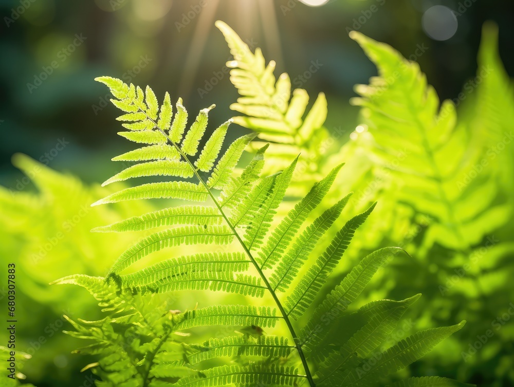Young Light Green Fern Leaves Illuminated by Sun, Beautiful Lush Natural Spring Background Young Light Green Fern Leaves Illuminated by Sun, Beautiful Lush Natural Spring Background