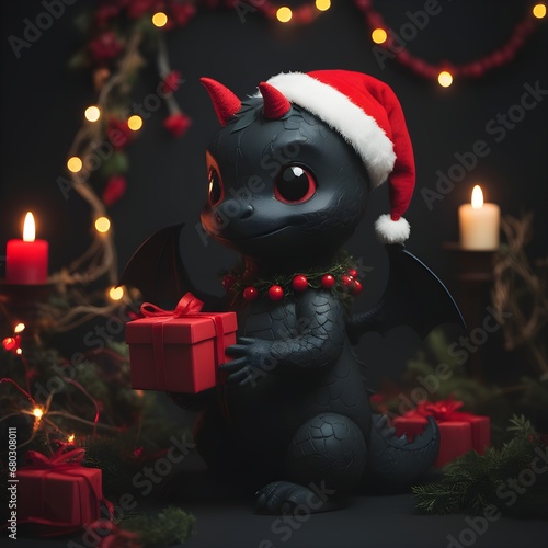 Cute little black baby dragon in Santa Claus hat with red gift boxes against background of decor and Christmas tree, darkn. Symbol of 2024 according to Chinese lunar calendar. Retro style dragon toy. photo