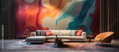 The elegant design showcased an abstract artwork with vibrant colors, creating a beautiful composition that enhanced the texture of the silk fabric and satin drapery, making it an exquisite backdrop