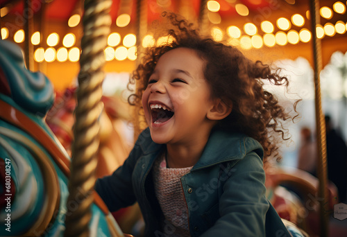 A happy young girl expressing excitement while on a colorful carousel, merry-go-round, having fun at an amusement park, happiness, bright childhood. © kdcreativeaivisions