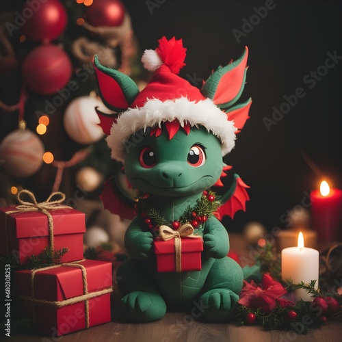 Cute little green baby dragon in Santa Claus hat with red gift boxes against background of decor and Christmas tree, darkn. Symbol of 2024 according to Chinese lunar calendar. Retro style, dragon toy. photo