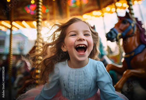 A happy young girl expressing excitement while on a colorful carousel, merry-go-round, having fun at an amusement park, happiness, bright childhood.