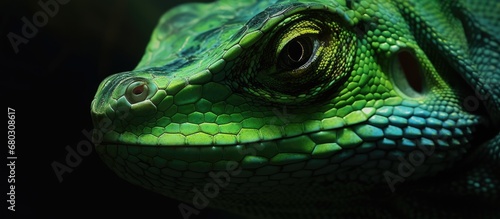 heart of the dense  green jungle  a majestic reptile emerges from its hiding spot  revealing vibrant emerald scales that gleam sunlight with a cool and enchanting glow upon its sleek skin a close-up