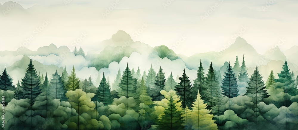 Fototapeta premium In the background of the stunning abstract painting, a majestic nature scene unfolds, with a pristine forest adorned with lush green trees, beautiful plants, and natural wonders such as the tall pine