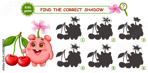Cute fantasy monster alien and cherry berry fruit, find correct shadow shape. Children education puzzle game. Funny fairy mutant animal character. Search right silhouette. Kid logical worksheet vector