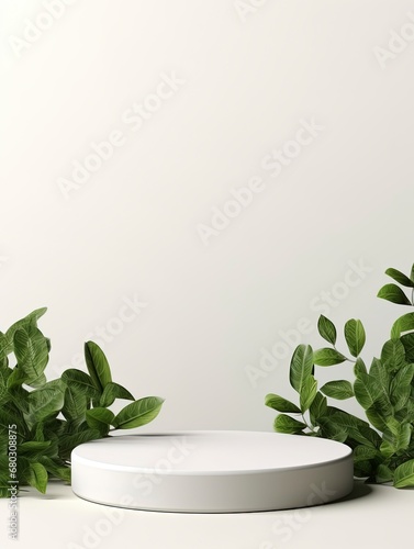 Product display podium with nature leaves on white background  empty podium  copy space  generative ai