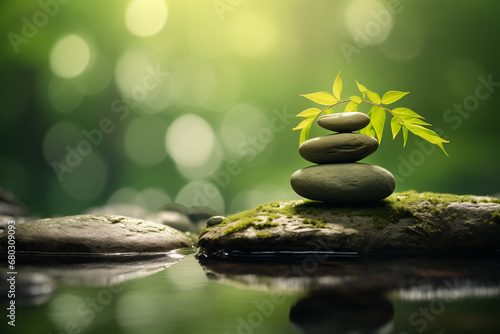 zen nature background, in the style of uhd image, charles willson peale, stone, green, george inness, botanical accuracy, innovating techniques photo