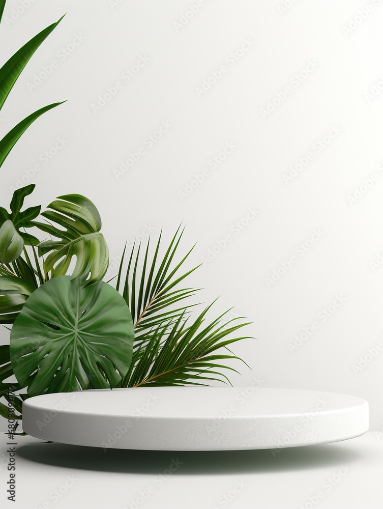 Product display podium with nature leaves on white background, empty podium, copy space, generative ai Product display podium with nature leaves on white background, empty podium, copy space, generative ai