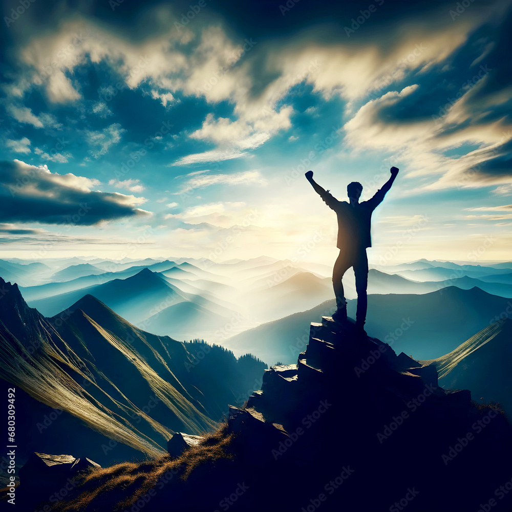Victory at the Summit: A Man's Triumph and success on a Mountain Peak, Reaching a Goal, perseverance mindset, Winner, Freedom at the top, silhouette, Winner, Success, Motivational