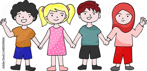 little kids holding hands together with friends