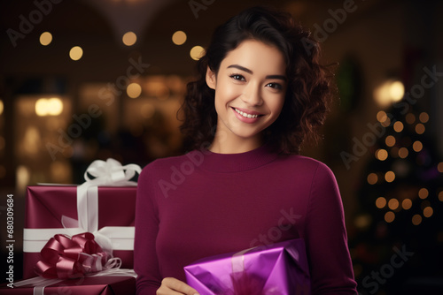 Woman near Christmas tree in the decorative interior. Christmas and New Year concept