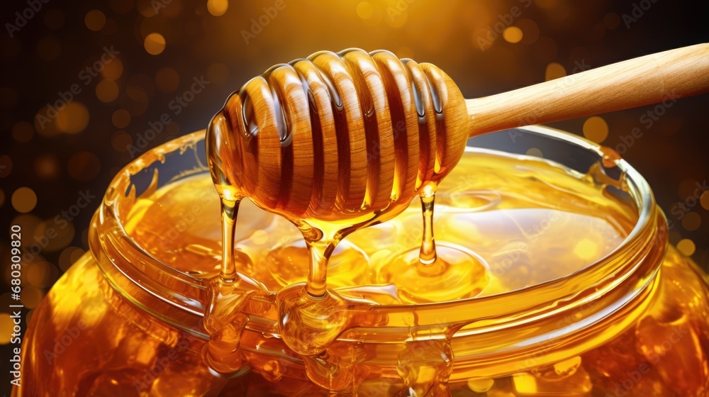 Close up of a jar of honey with a honey dipper. Healthy food concept background Close up of a jar of honey with a honey dipper. Healthy food concept background