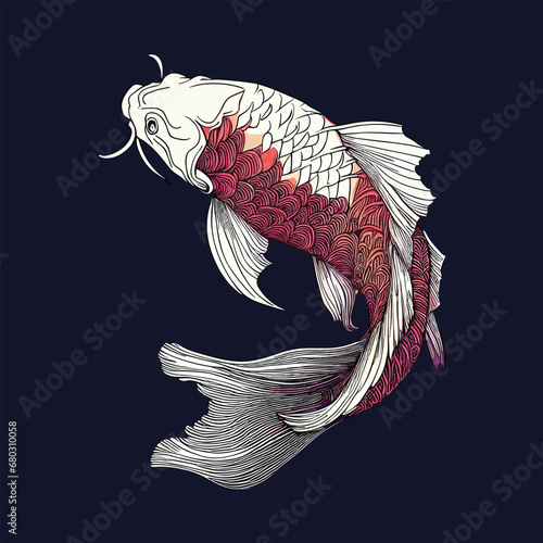 Hand drawn koi fish Asian Traditions of Japanese and Chinese koi carp oriental line art concept vector illustration. animal icon design style isolated premium vector.
