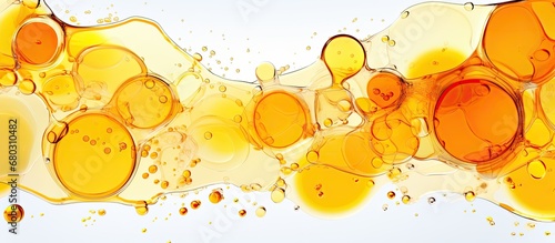 background, an abstract design featuring a white circle bursts with vibrant orange hues, as drizzles of honey and oil add a healthy touch to the natural, organic dessert, rich in yellow, nutrition photo