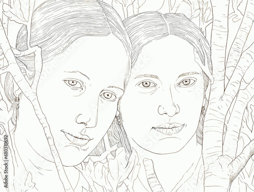 A Drawing Of Two Women - Portrait of two beautiful women behind the tree