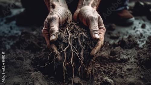 hands pulling up dry roots, no rain gives water saving message