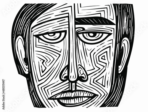 A Black And White Drawing Of A Man_S Face - strong facial expression.