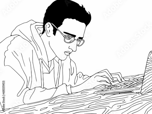 A Man Using A Laptop - Student Concentrates on Laptop - Horizontal