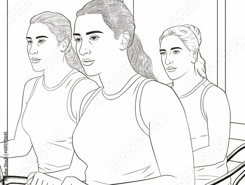A Group Of Women Sitting In A Row - Three beautiful young women working out at the gym