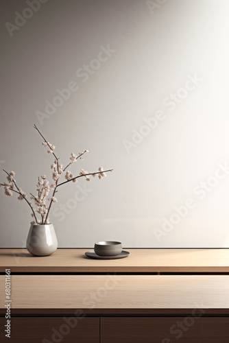Close-up of a minimalist abstract kitchen with glass  wood and marble  eve with natural light. Inspired by Japanese influences.