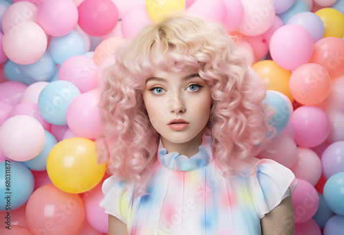 Fun creative pastel colorful concept of a young beautiful girl with ballons