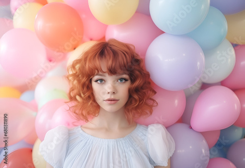 Fun creative pastel colorful concept of a young beautiful girl with ballons