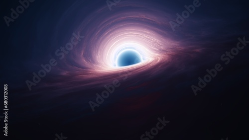 Interstellar black hole with glowing accretion disk and singularity nucleus. Concept 3D illustration of cosmic wormhole on starry space background. Theory of relativity and quantum physics wallpaper.